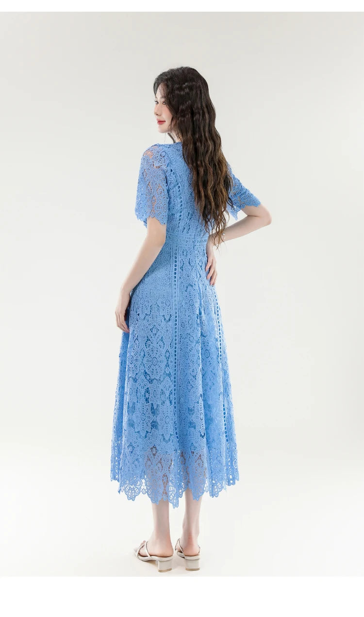 High Quality Lace Hollow Out Women Long Elegant Office Dress Summer French Chic Casual Vintage Purple Short Sleeve A-line Dress
