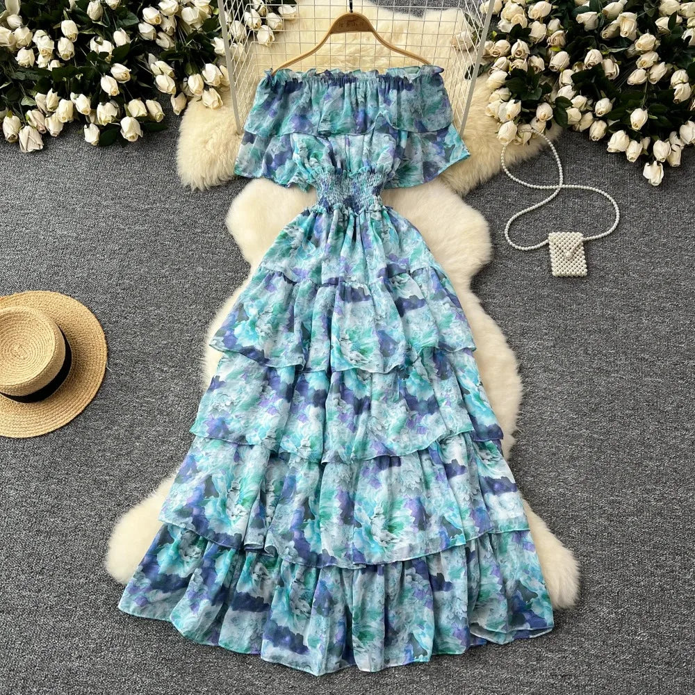 French Vintage Off Shoulder Short Sleeve Ruffle Tiered Long Dresses Chic Casual Beach Vacation Women Summer Chiffon Clothing