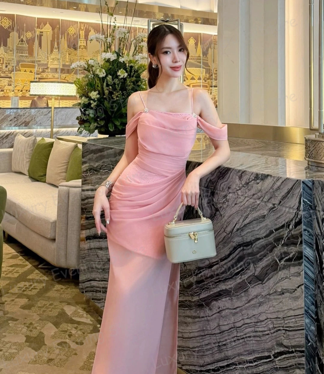Simple Pink Evening Dresses Woman's Strapless Mermaid Sleeveless Prom Gowns Ruffles Backless Vestidos De Novia Party Customized