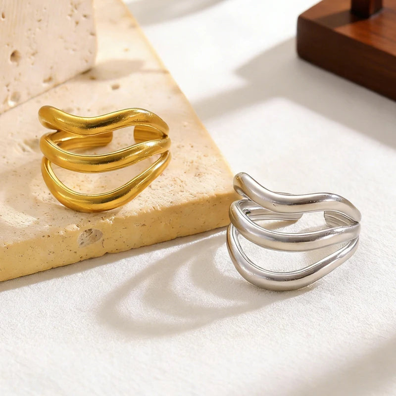 Stainless Steel Multi-Layer Wave Open Bracelet Rings Set for Women Simple Metal Twisted Lines Hand Chain Fashion Banquet Jewelry