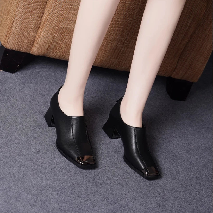 Deep mouth single shoe women's thick heel genuine leather middle heel women's soft leather soft sole square toe leather shoes