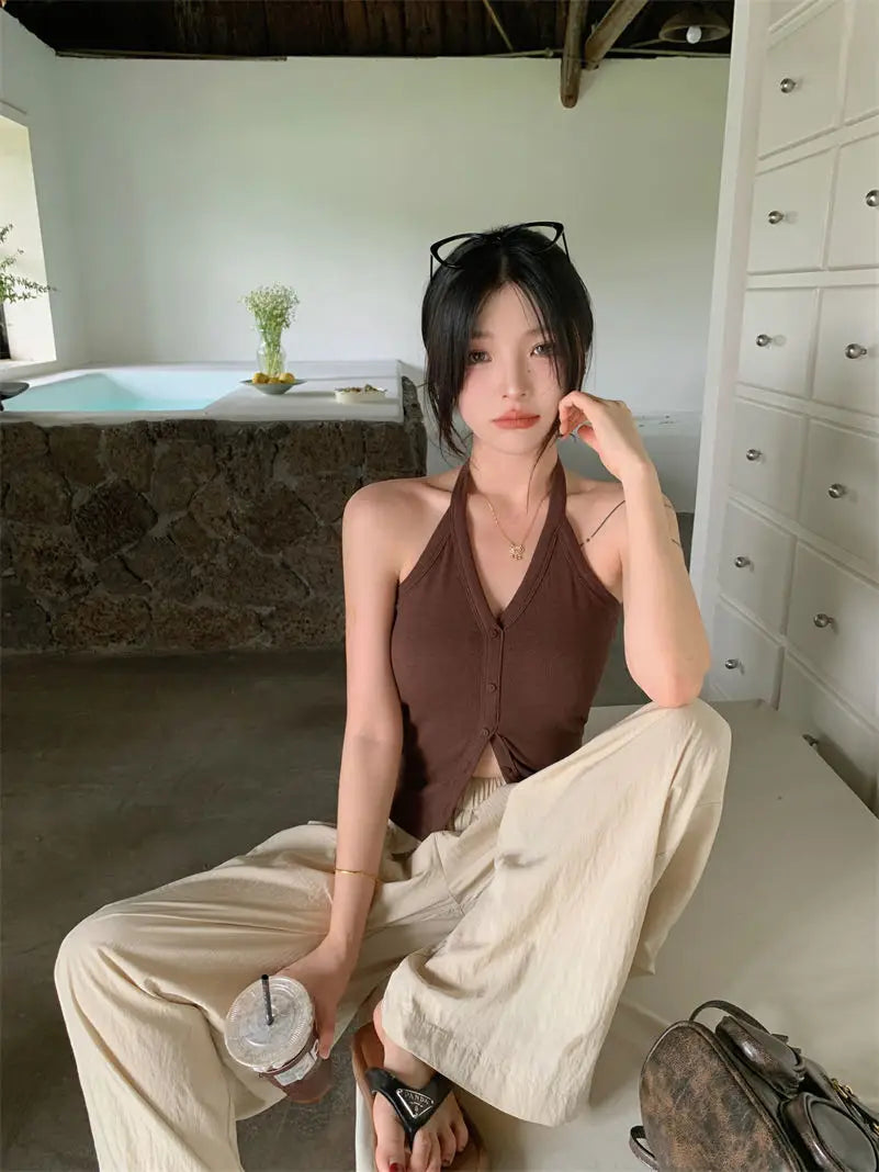 Sexy Spicy Girl Pure Color Design V-Ne Hanging Ne Vest Women's Summer Slim ort Matched with Chest Pad Top