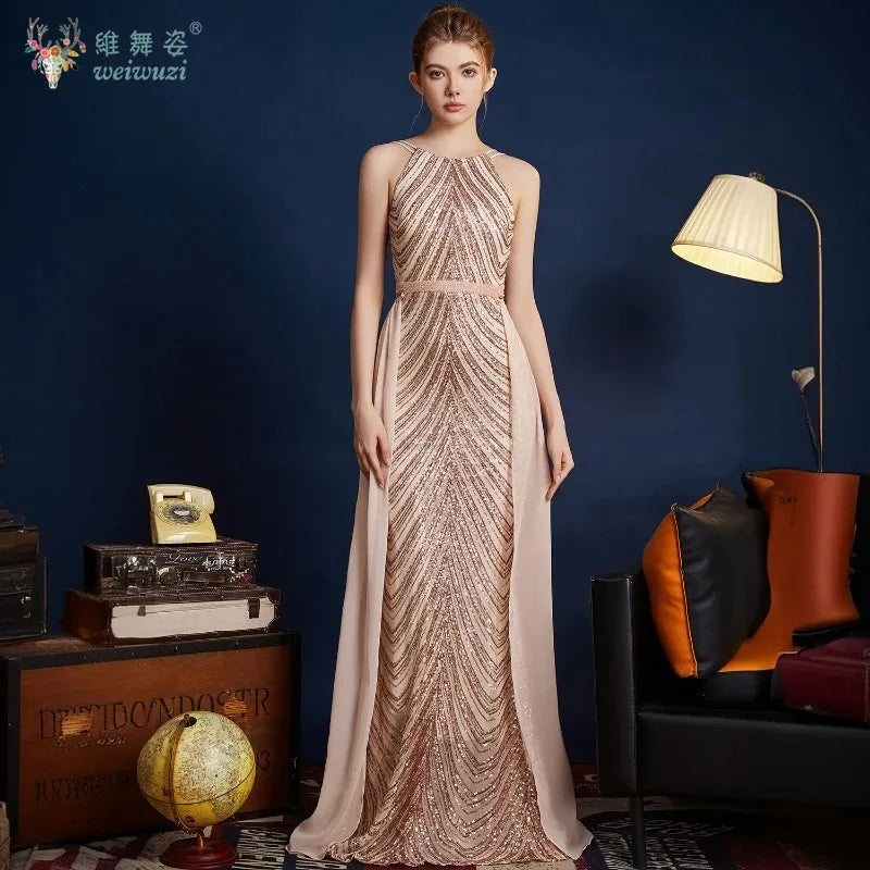 Chic High Sleeveless Sexy Backless Beading Sequined Mermaid Formal Evening Dresses Birthday Party Prom Gowns Elegant Luxury