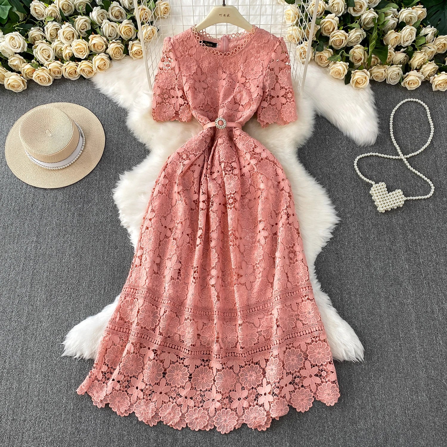 Brand Design Summer Embroidery Lace Long Dress Women Hollow Out Short Sleeve Midi Dresses Lady Belt Prom Evening Party Vestidos