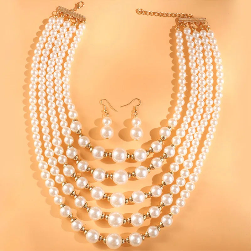 Kymyad Jewelry Sets Simulated Pearl Beads Multilayer Necklace Earrings Set For Women Bijoux Statement Collar Necklace Set