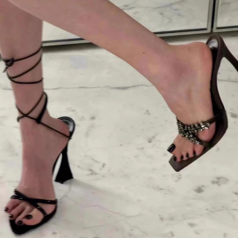 2025 Summer Women's High Heel Sandals Cross Rhinestone Square Head Open Toe Sandals Silk Sexy Stiletto High Heels Mules