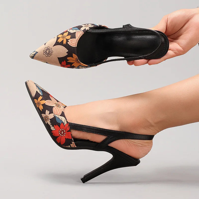 Women's Floral Print Ankle Strap Pointed Toe Stiletto Heel Pumps for Party Date Q-040