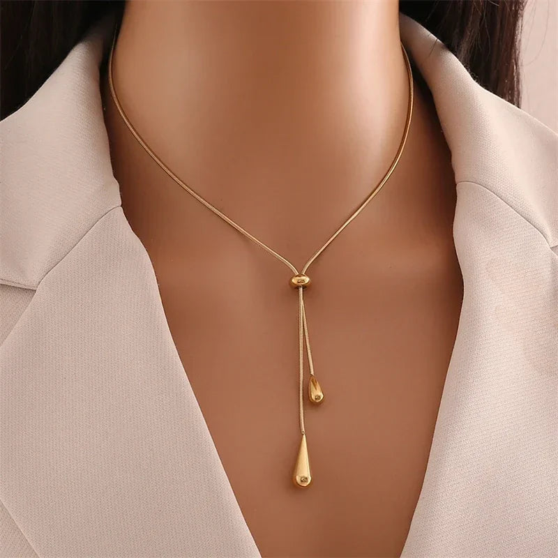 Stainless Steel New Fashion Jewelry Sets Pulling Adjustment Droplet Shape Charm Chain Choker Necklaces Earrings for Women