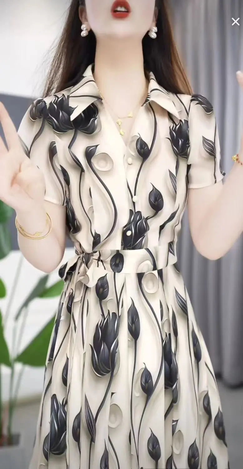 Women's Exquisite Printed Short Sleeved Dress 2024 Summer New Elegant And Beautiful Medium-length Shirt Skirt Mother's Outfit