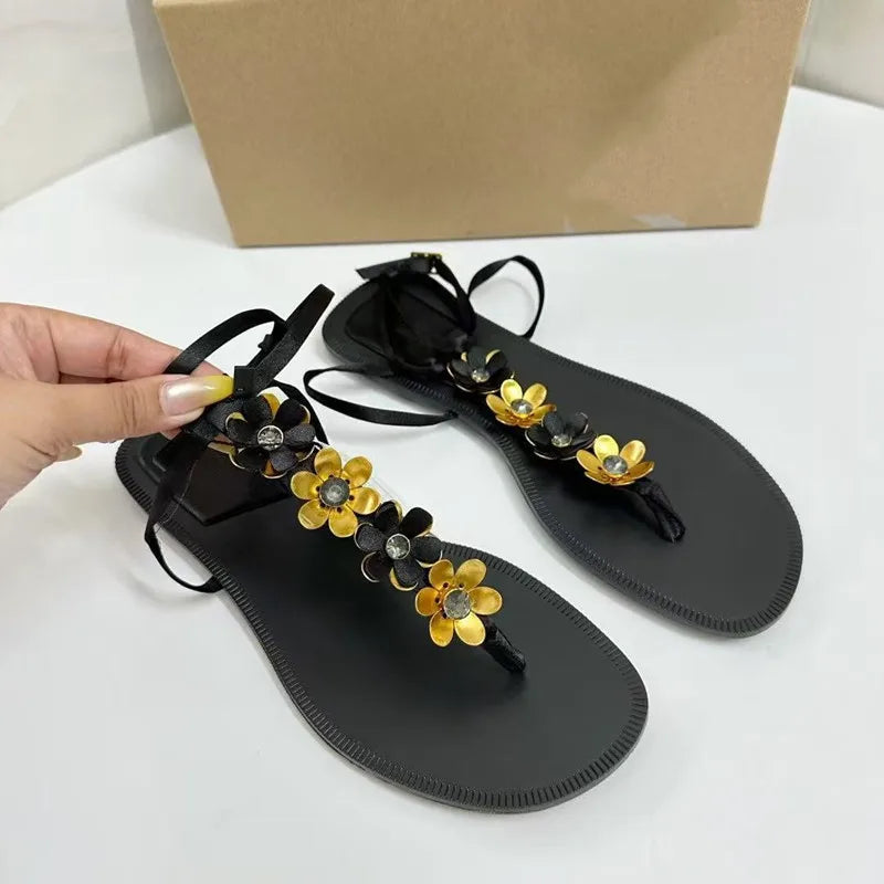 Luxury Crystal Flowers Decor Women Flats Sandals Sexy Ankle Strap Summer Beach Slides Fashion Streetwear Modern Sandals Shoes
