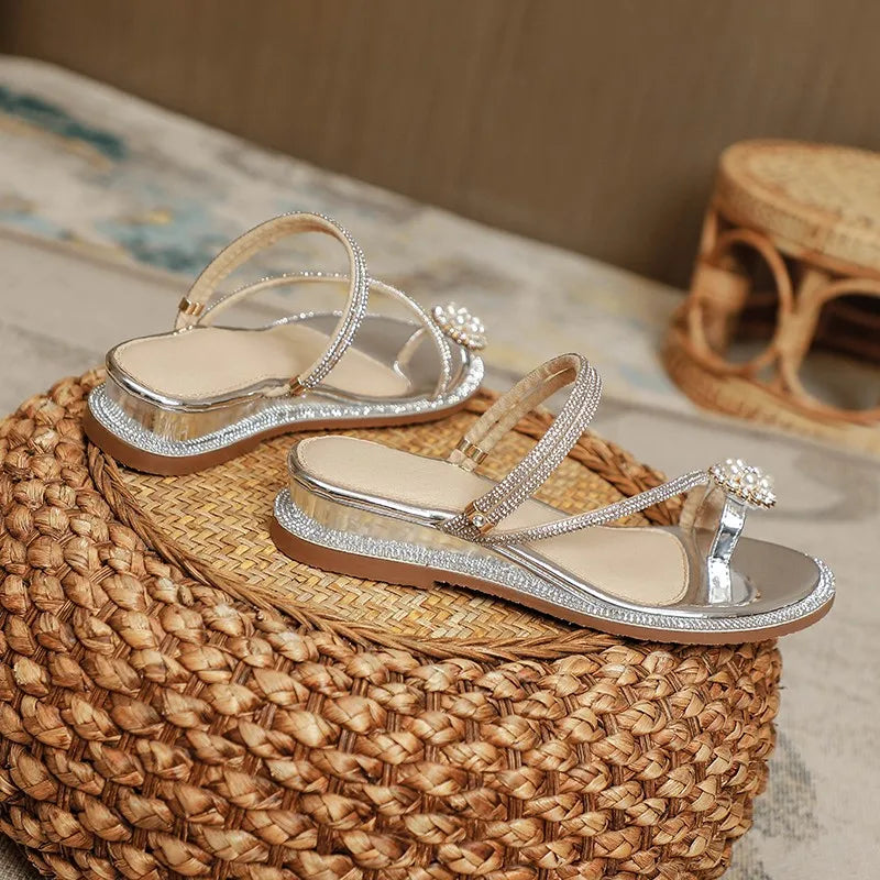 Rhinestone Fashion Sandals 2024 New Wedge Silver Sexy Women Summer Sandals Transparent Slippers