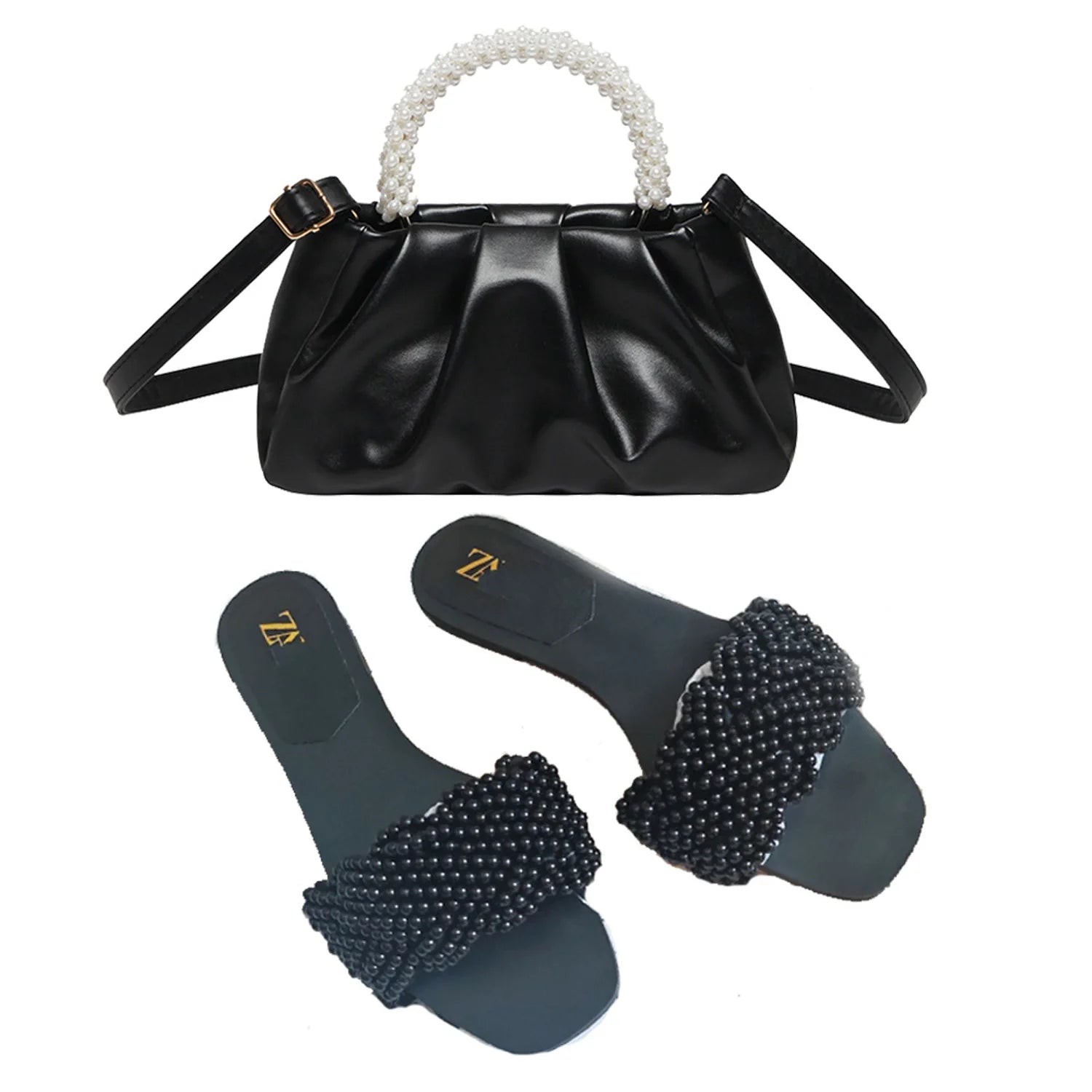 2025 Summer New Product Women's Shoes White Pearl Weaving Flat Sandals Outerwear Fashion Cool Slippers Pearl Bag Shoe Bag Set