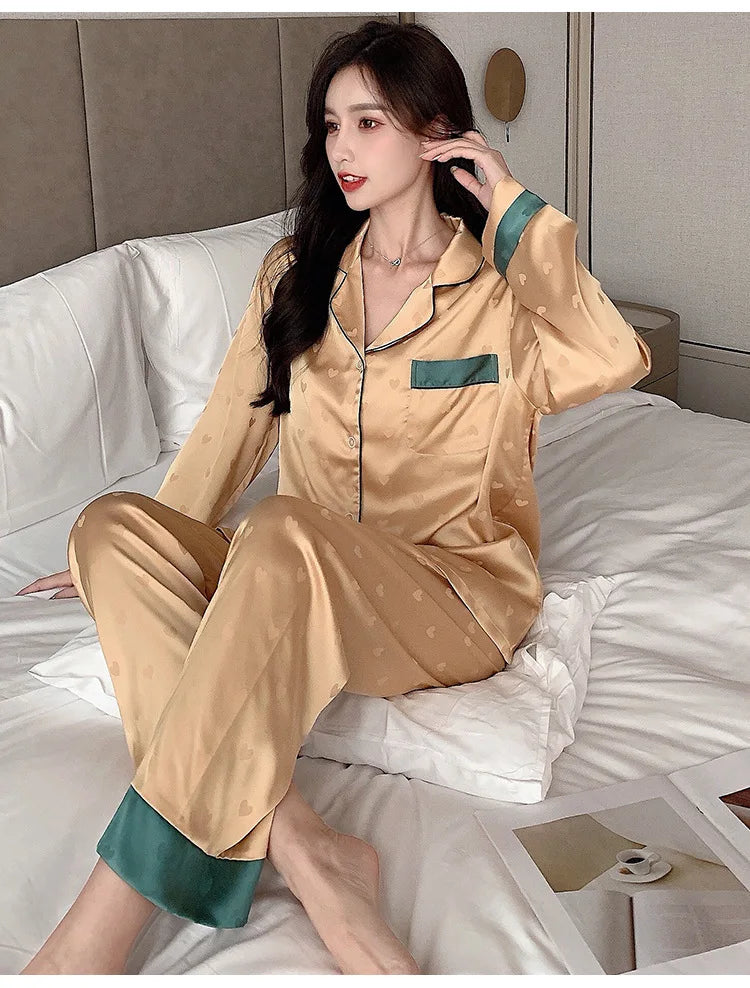 Top Autumn New Ice Silk Women Pajama Lapel Button Cardigan Outfits for Women 2 Piece Set Fashion Printing Set Clothes for Women