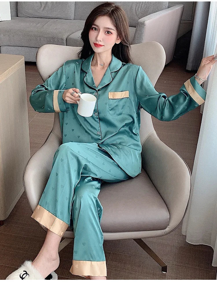 Top Autumn New Ice Silk Women Pajama Lapel Button Cardigan Outfits for Women 2 Piece Set Fashion Printing Set Clothes for Women