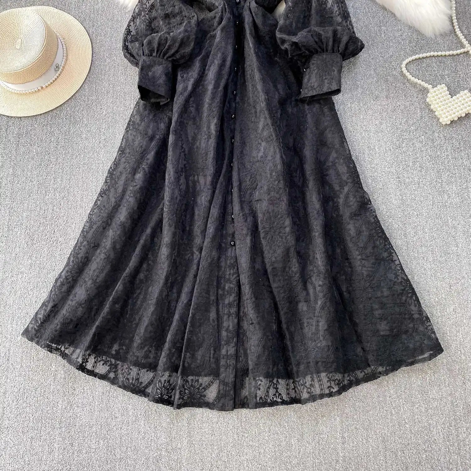 Autumn Embroidery Formal Evening Luxury Dress For Women Long Sleeve Crochet Lace Summer Dresses Single Breasted Party Vestidos