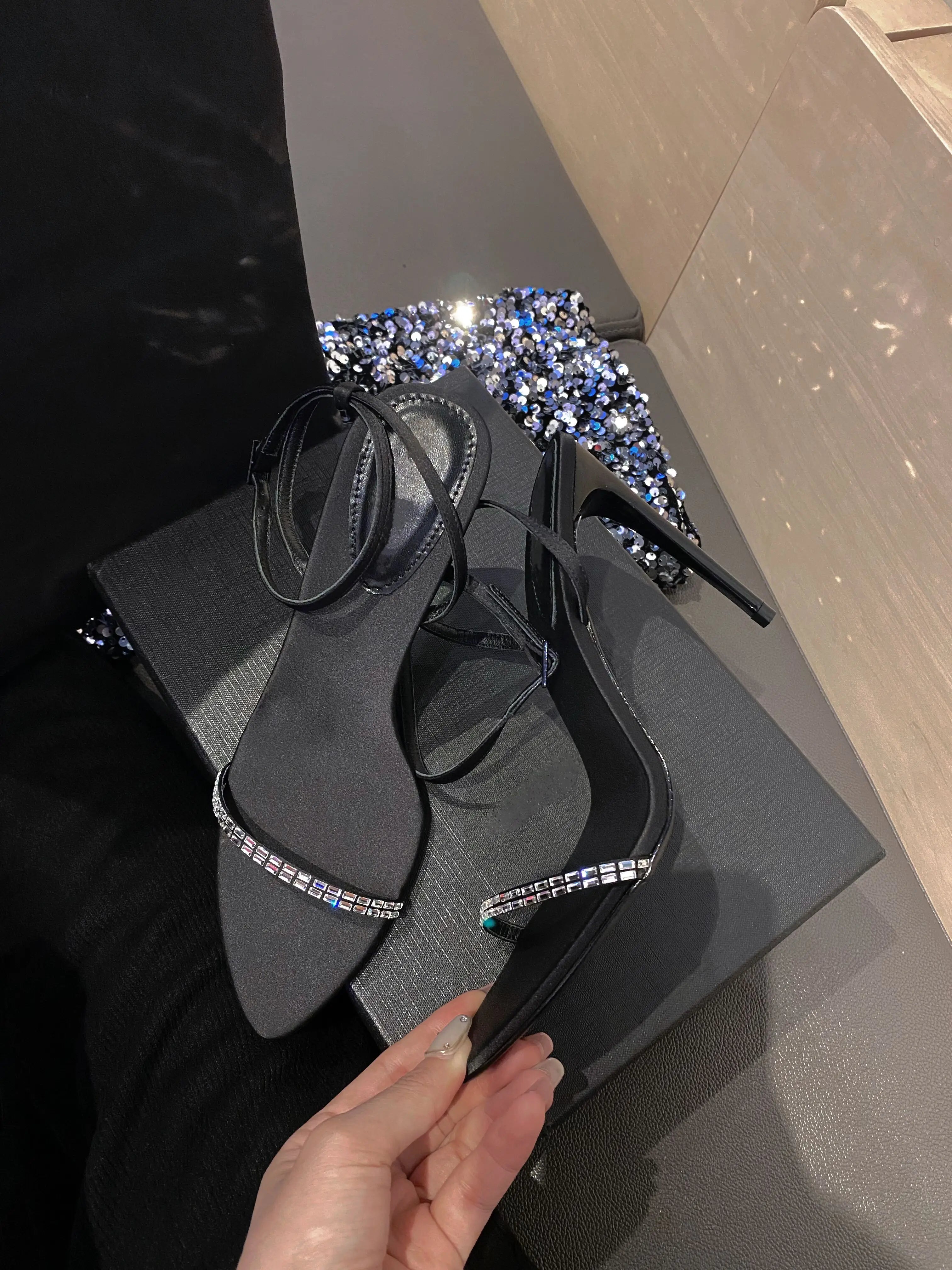 2025 Summer New Line With Rhine-Diamond Sexy Sandals Women'S Pointed Open Toe Slim Heel Beautiful Black High Heels