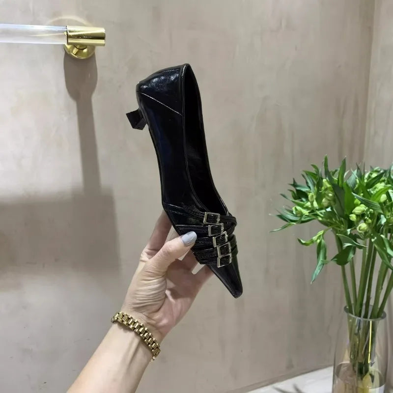 Thin Heeled Square Buckle High Heels for Women 2025 New French Style Shallow Mouth Low Heel Small Leather Shoes