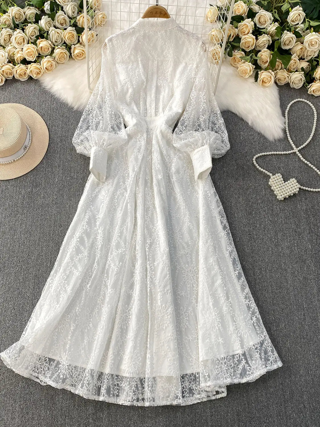 Autumn Embroidery Formal Evening Luxury Dress For Women Long Sleeve Crochet Lace Summer Dresses Single Breasted Party Vestidos