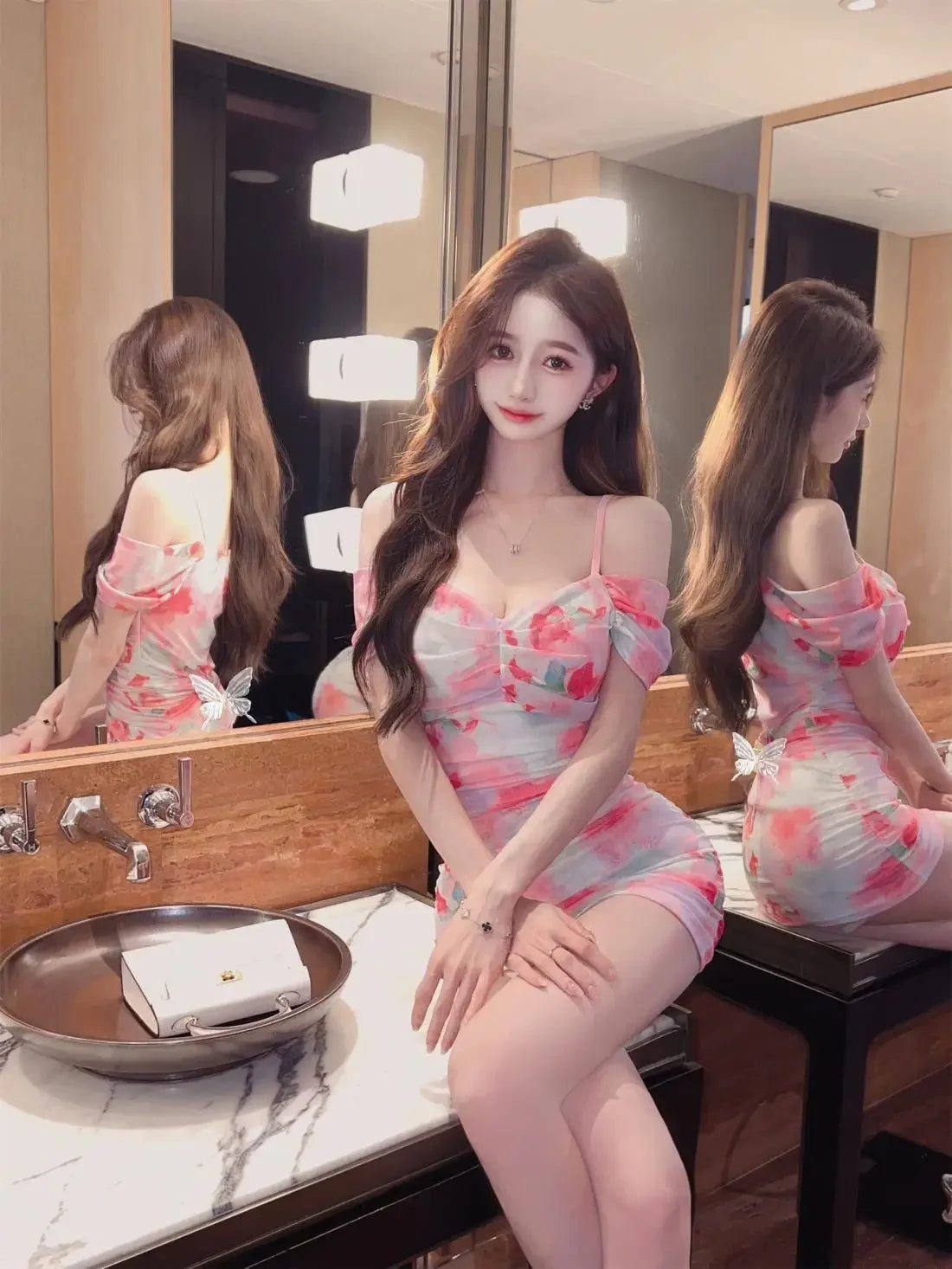 Pure Desire Off Shoulder Printed Bodycon Dress  Stretch Mesh French Niche Design