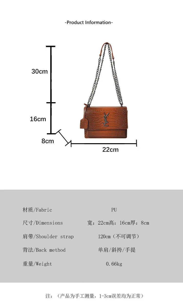 2026 new bag high-end crocodile pattern retro chain bag fashionable single shoulder crossbody bag