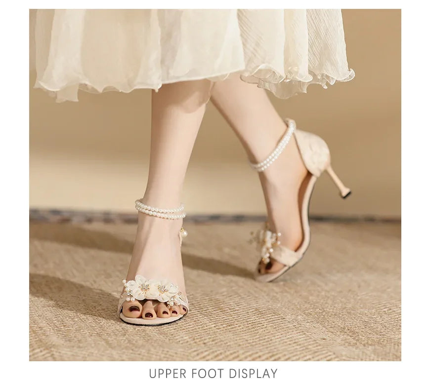 Small Size 31 32 33-43 Women Peep Toe Sandals Wedding Heels Wide Fat Feet Shoes for Women Pearl Flower Bridal Shoes Zaptos Mujer