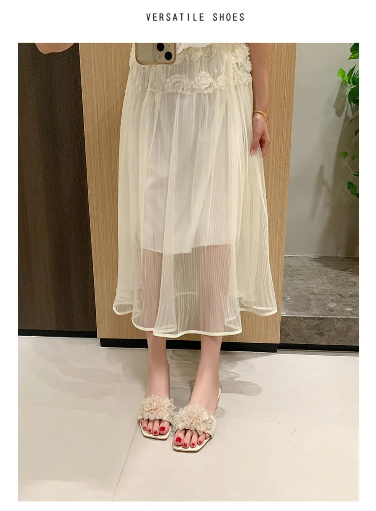 Women's Lightweight Summer Satin Gladiator Sandals and Slippers Beautiful Thick-Heeled Lace and Wedge Design