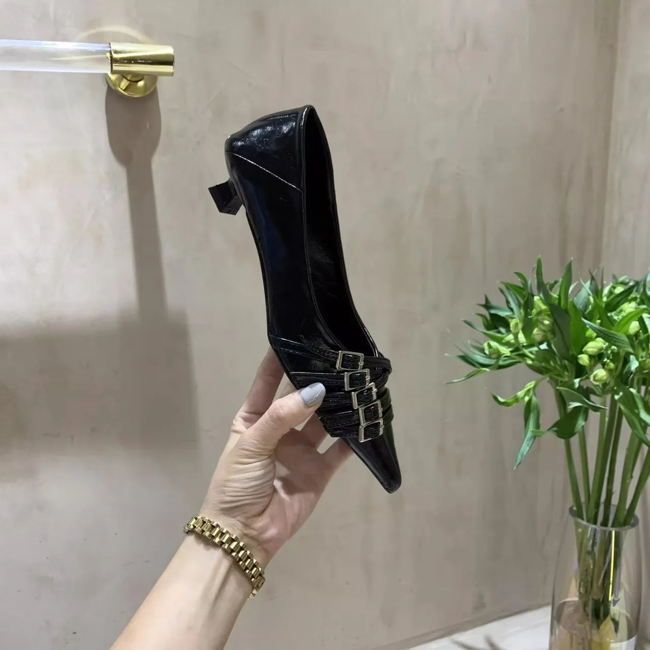 Thin Heeled Square Buckle High Heels for Women 2025 New French Style Shallow Mouth Low Heel Small Leather Shoes