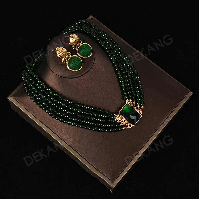 Exaggerated Green Crystal And Glass Multi-Layered Wearing Set Necklace Earrings