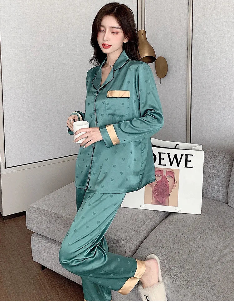 Top Autumn New Ice Silk Women Pajama Lapel Button Cardigan Outfits for Women 2 Piece Set Fashion Printing Set Clothes for Women