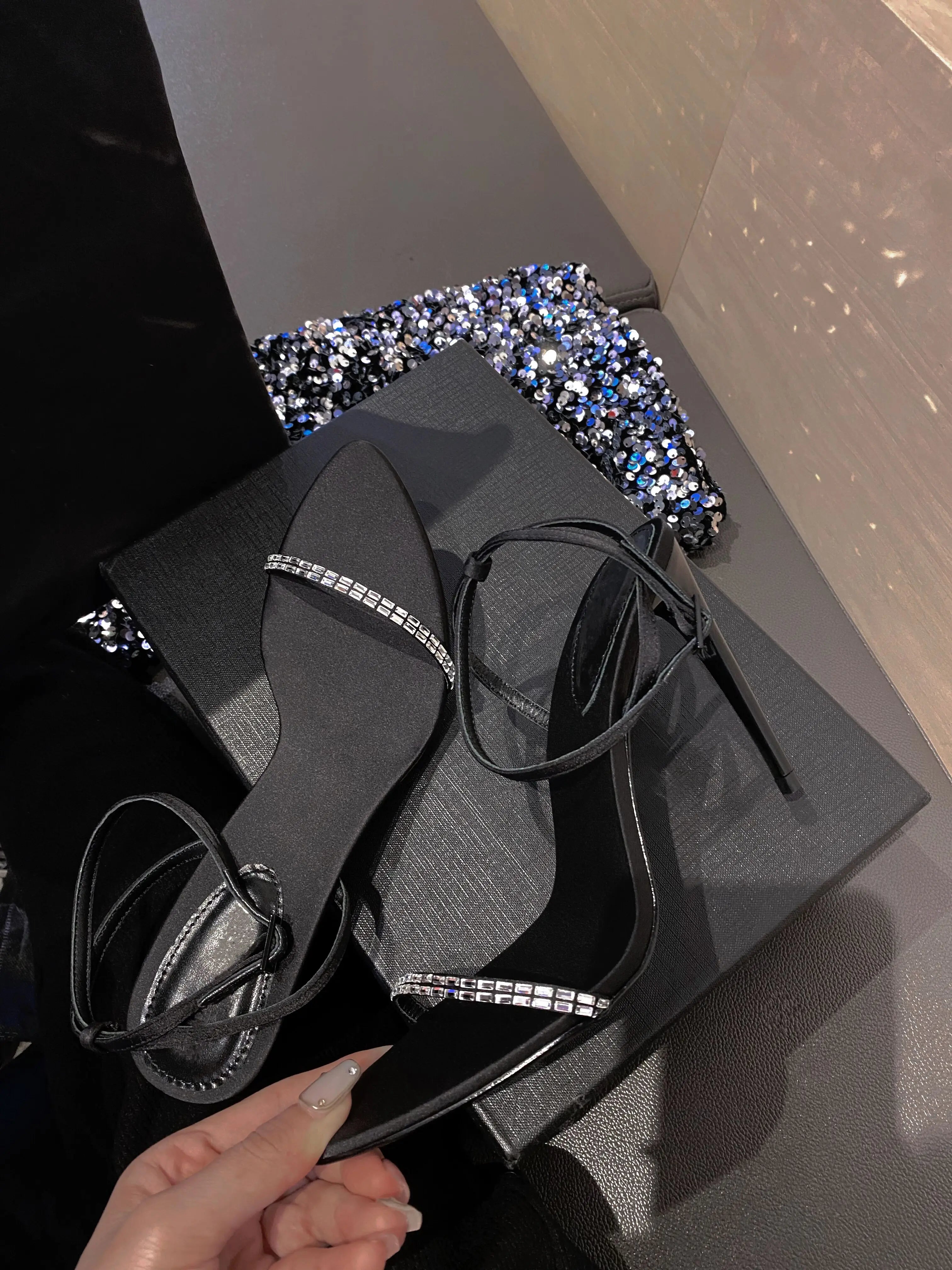 2025 Summer New Line With Rhine-Diamond Sexy Sandals Women'S Pointed Open Toe Slim Heel Beautiful Black High Heels