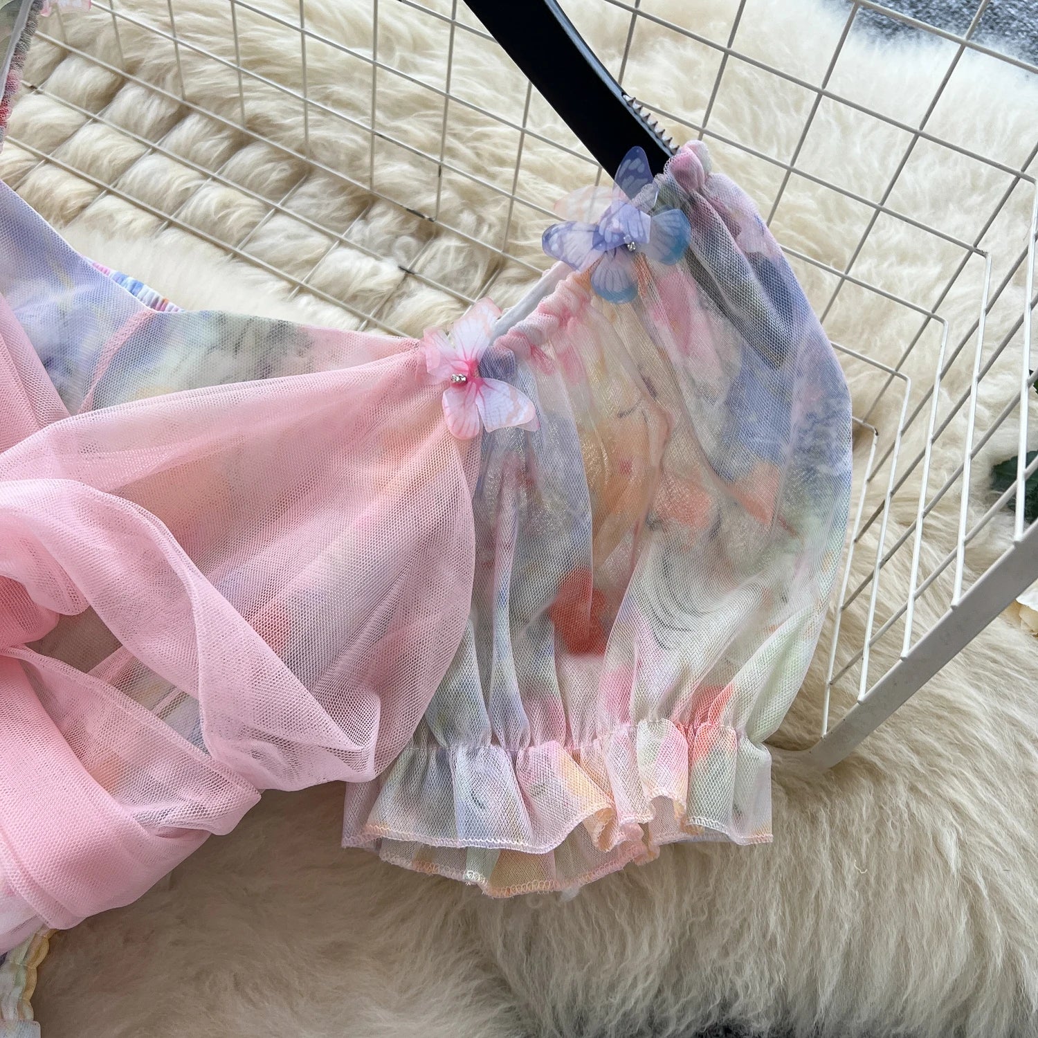 2025 French Fairycore 3D Butterfly Chic Dress Spaghetti Strap Sleeveless Print Design Summer Fashion Vacation Mesh Long Dress