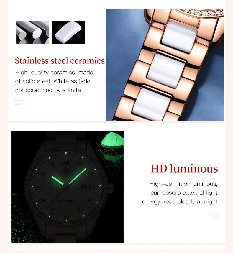 OLEVS Fashion Women Mechanical Watches Luxury Diamond Ceramic Strap Waterproof Luminous Week Calendar Automatic Watch For Women
