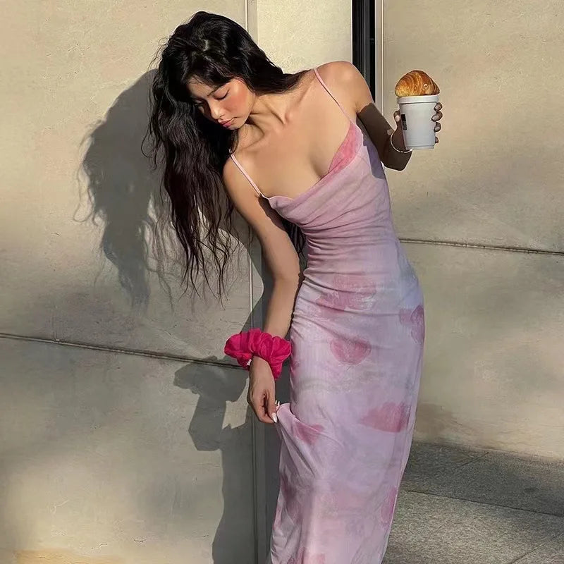 European and American Women's Fashion New Sweet and Spicy Style Off-Shoulder Mesh Printed Long Camisole Dress