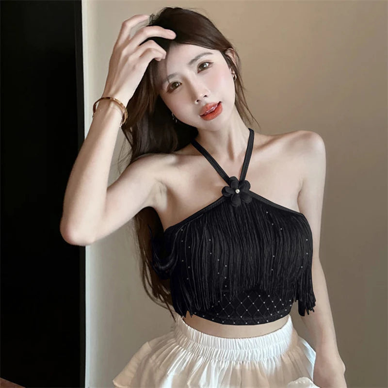 New Small Fragrant Wind Tassel With Diamond Halter Vest Bright Crystal Within The Single Wear Neck Sleeveless Bust Female