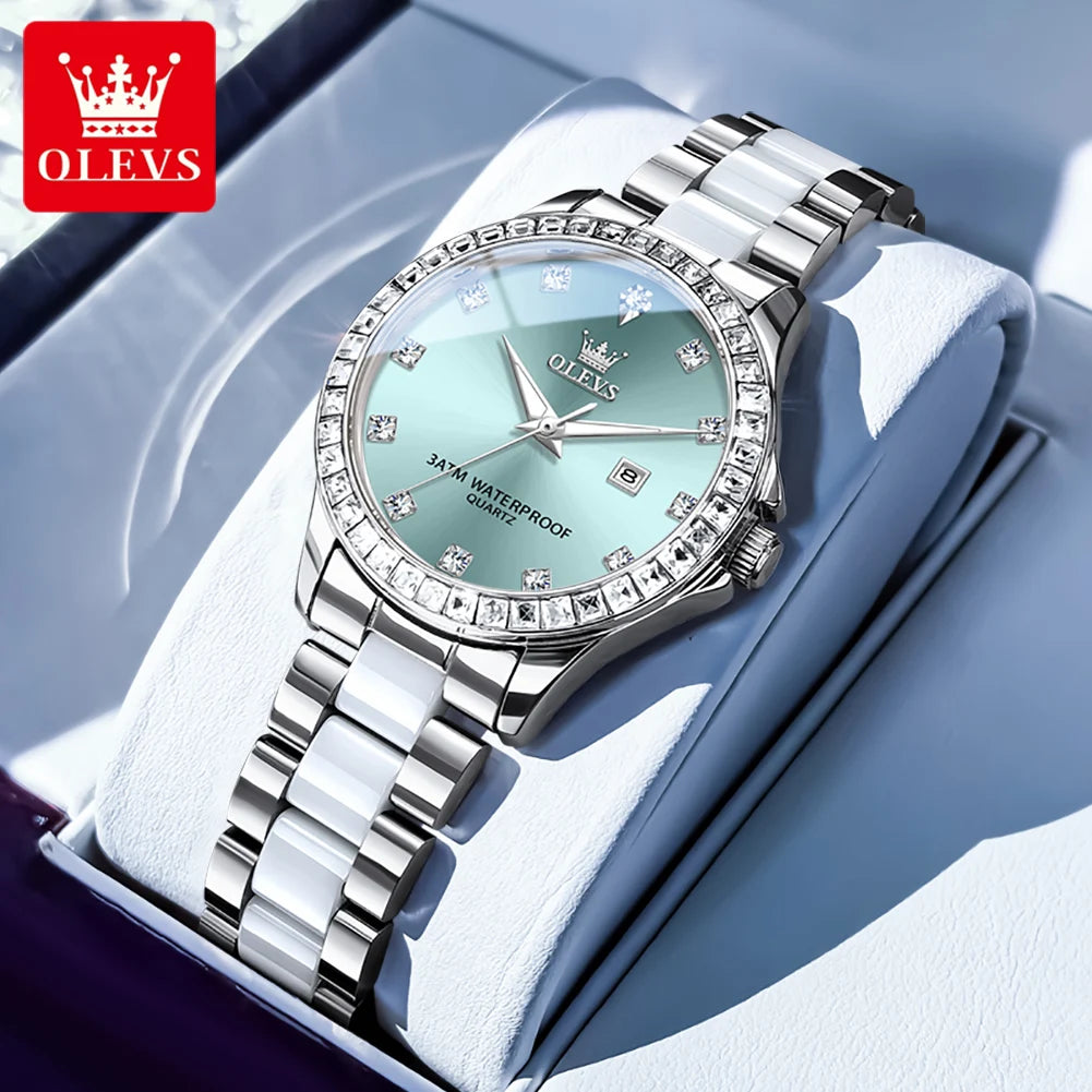 OLEVS New Luxury Ceramic Strap Quartz Watch Women Elegant Diamond Bezel Ladies Wristwatch Waterproof Date Watches Womens Reloj
