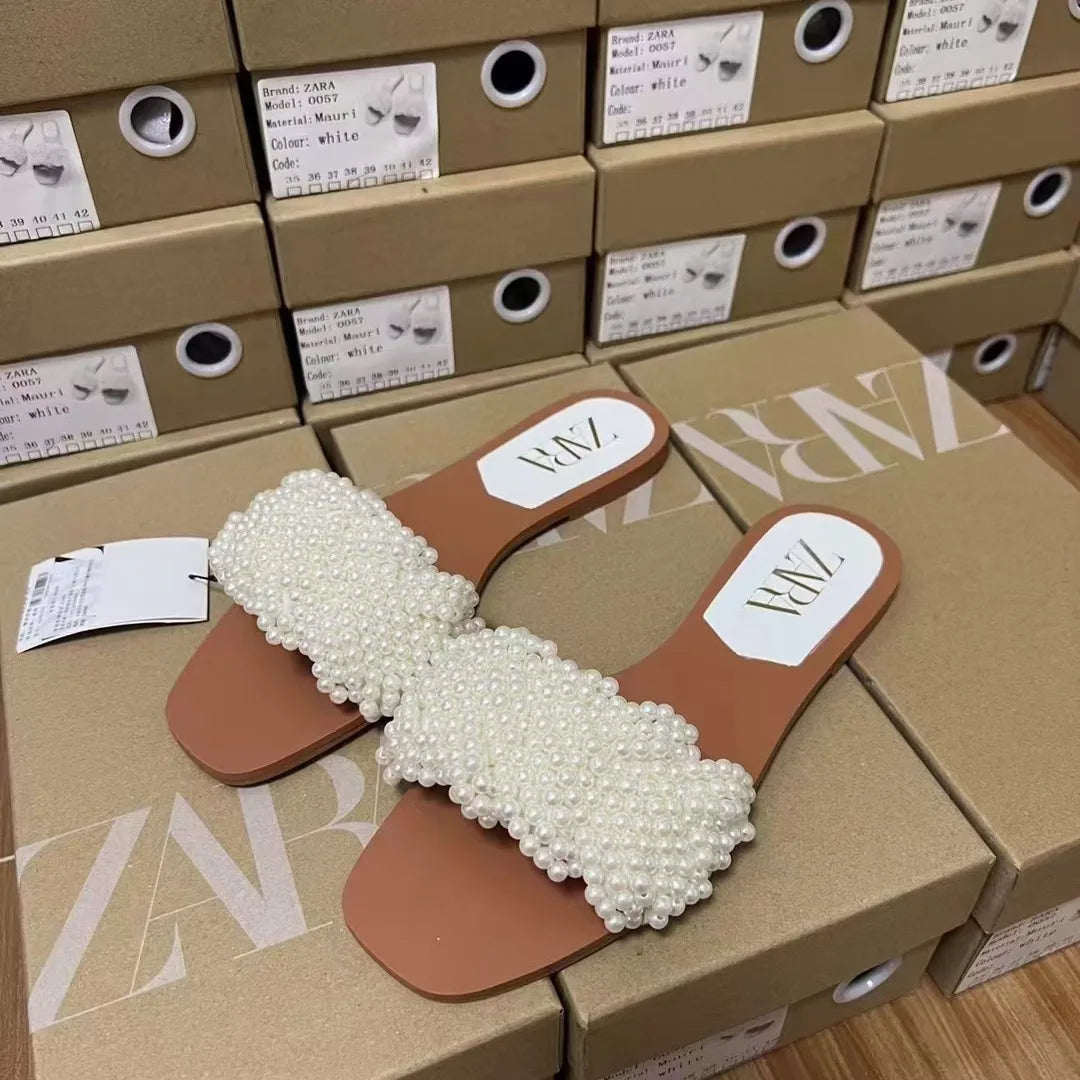 2025 Summer New Product Women's Shoes White Pearl Weaving Flat Sandals Outerwear Fashion Cool Slippers Pearl Bag Shoe Bag Set