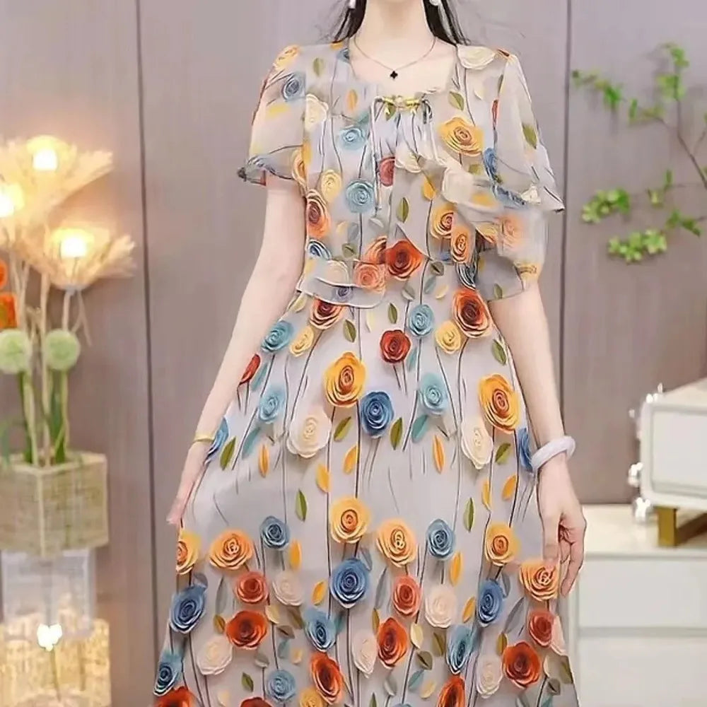 Women's Exquisite Printed Short Sleeved Dress 2024 Summer New Elegant And Beautiful Medium-length Shirt Skirt Mother's Outfit