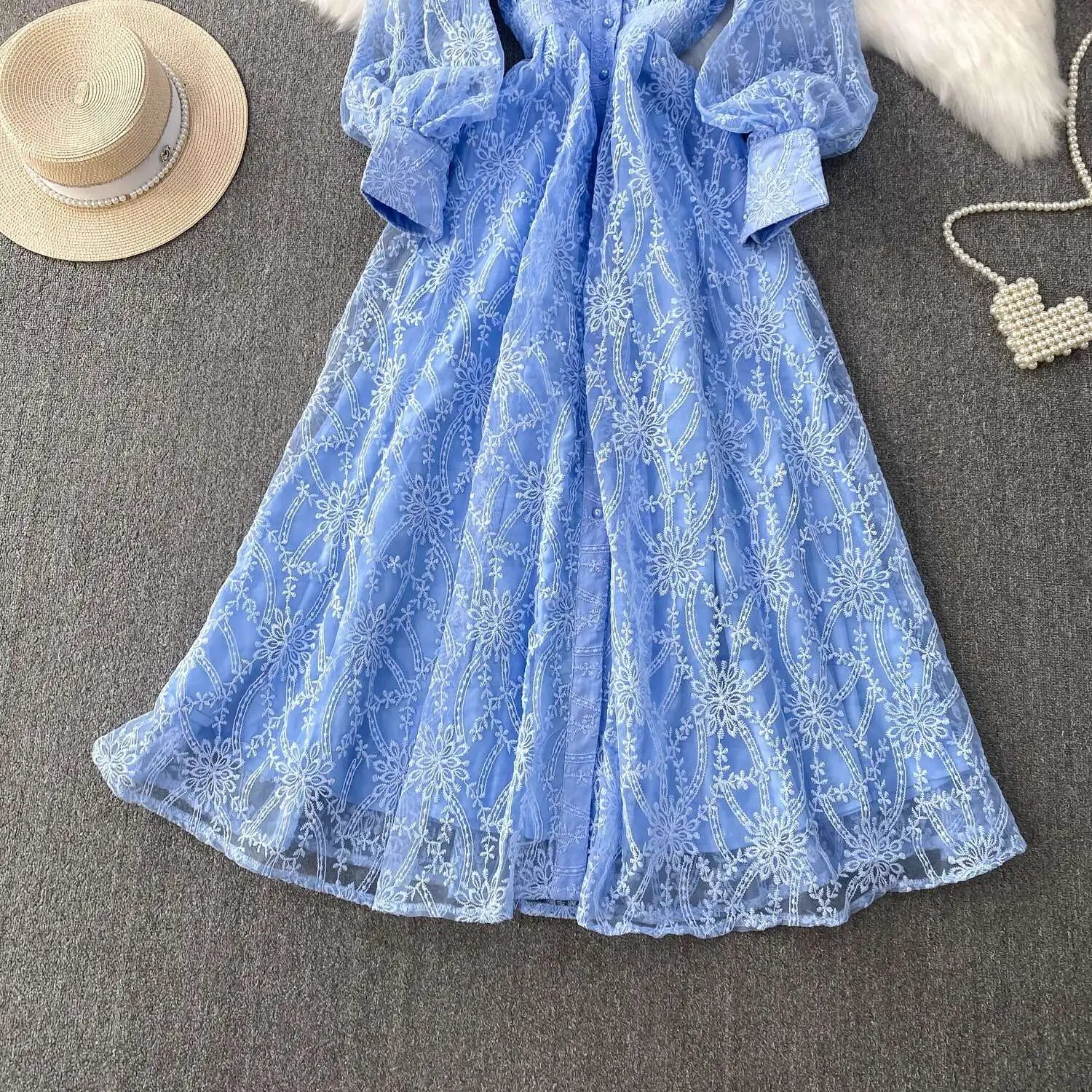 Autumn Embroidery Formal Evening Luxury Dress For Women Long Sleeve Crochet Lace Summer Dresses Single Breasted Party Vestidos