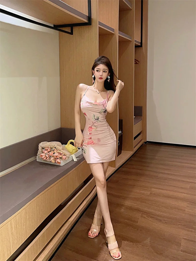 Summer Pink Floral Chic Sling Sexy Club Mini Dress Women Elegant Bodycon Hip Wrap Dress 2025 Korean Fashion Luxury Party Dresses