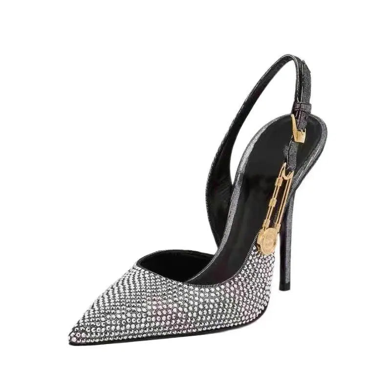 2025 Pointed-Toe Diamond High Heels For Women, Black Tight French Sexy Luxury Hollow Sandals