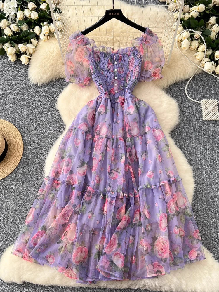 French Sweet Long Dresses Flower Print Slash Neck Puff Sleeve Pleated Patchwork Dress Summer Fashion Elegant Women Clothing 2025