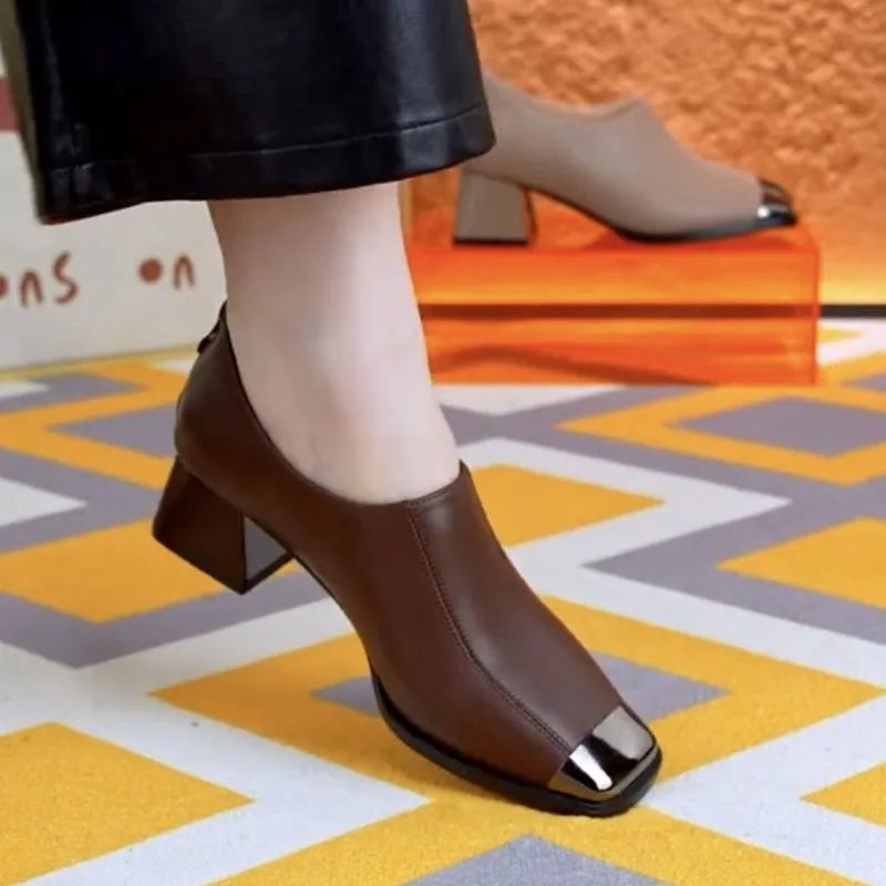 British Style Women's High Heels Woman Dress Shoes Round Toe Ladies Leather Shoes Diamond Decor Office Commute Comfortable Pumps