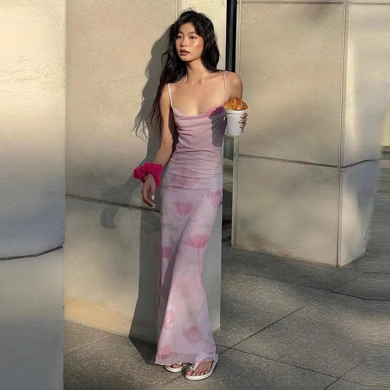 European and American Women's Fashion New Sweet and Spicy Style Off-Shoulder Mesh Printed Long Camisole Dress