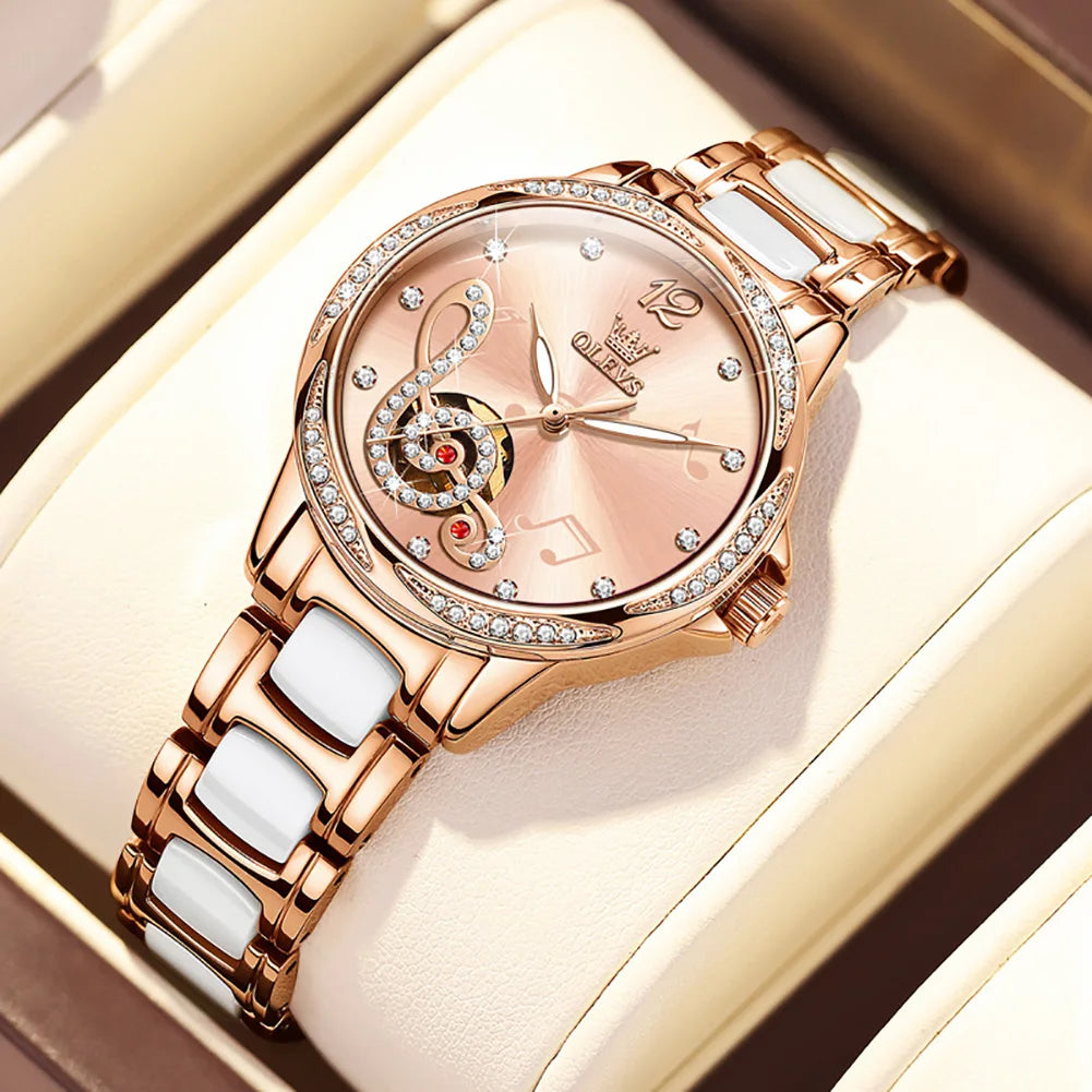 OLEVS Ceramic Diamond Women Watches Luxury Brand Musical Note Automatic Mechanical Watch Women Relogio Feminino Gift