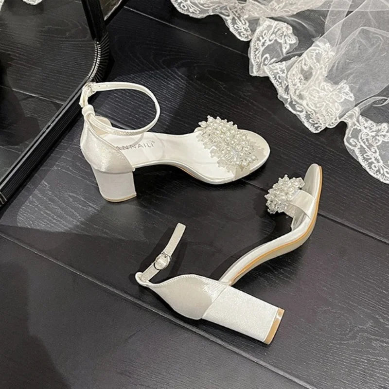 2025 New Style Thick Heel Line With Round Head Large Size Sandals Pearl Buckle High Heel White Bridal Wedding Shoes For Female