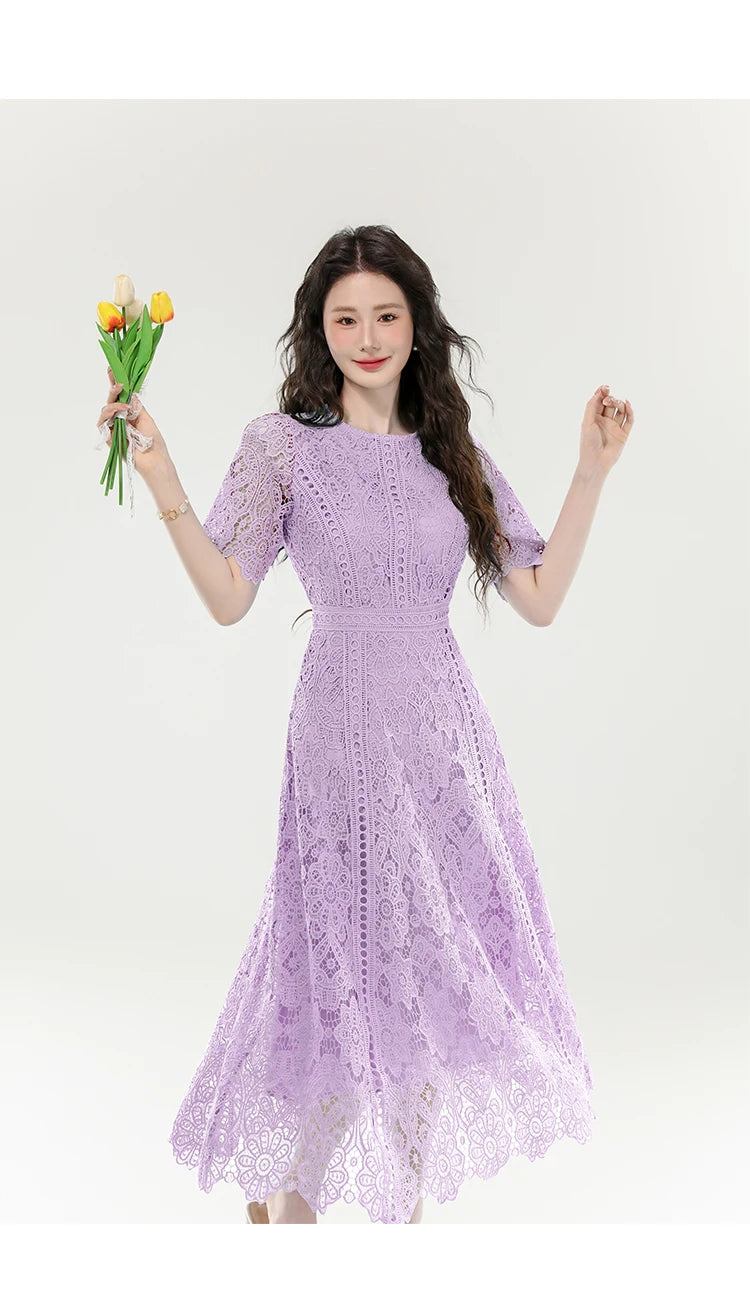 High Quality Lace Hollow Out Women Long Elegant Office Dress Summer French Chic Casual Vintage Purple Short Sleeve A-line Dress