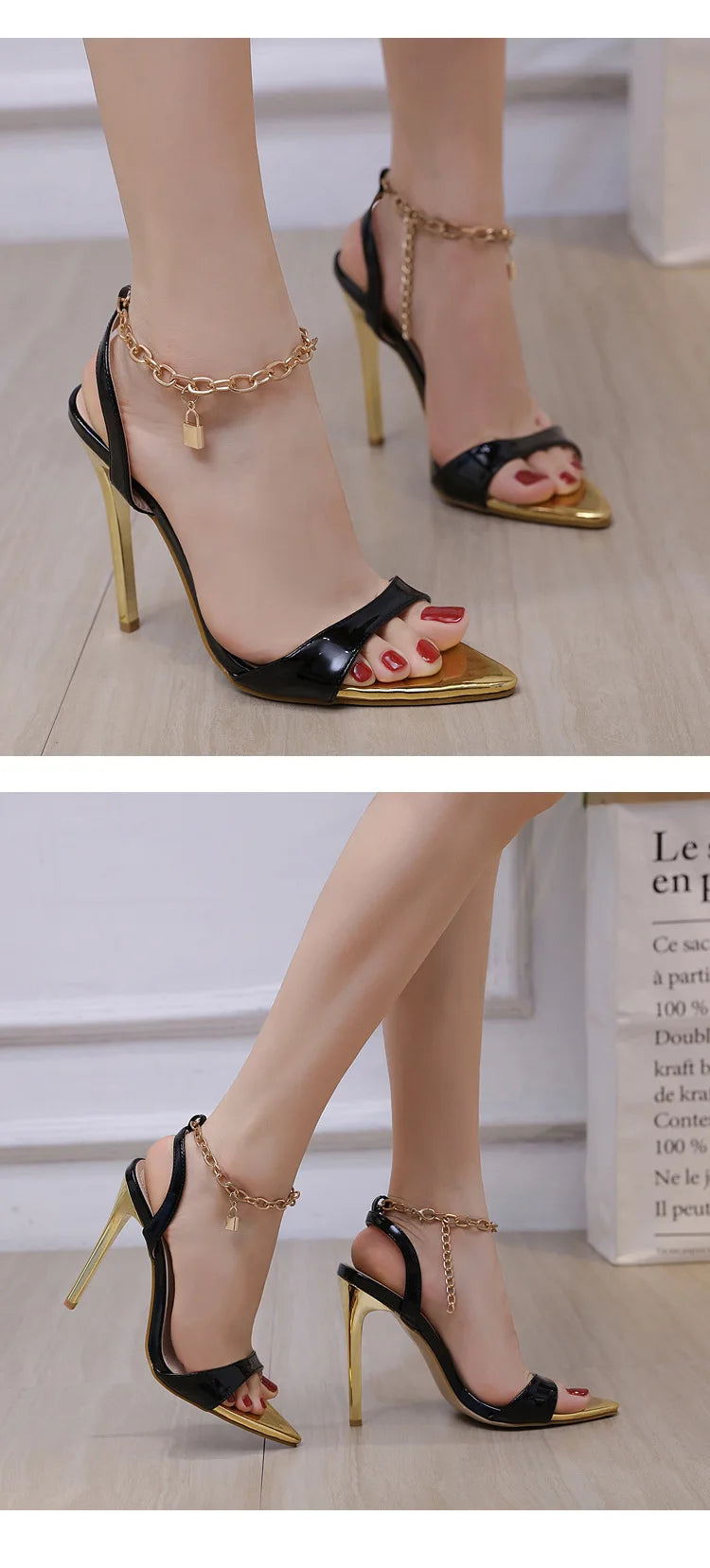 New Summer Sandals Women Fashion Gold Chain Ankle Strap Sexy Peep Toe Ladies Metal High Heels Sandals Woman Party Shoes Pumps