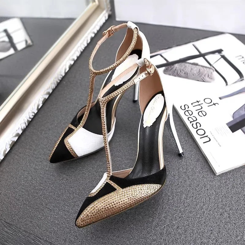 Spring and summer pointed toe hollow patent leather shoes thin high-heeled banquet dress large size small size women's sandals