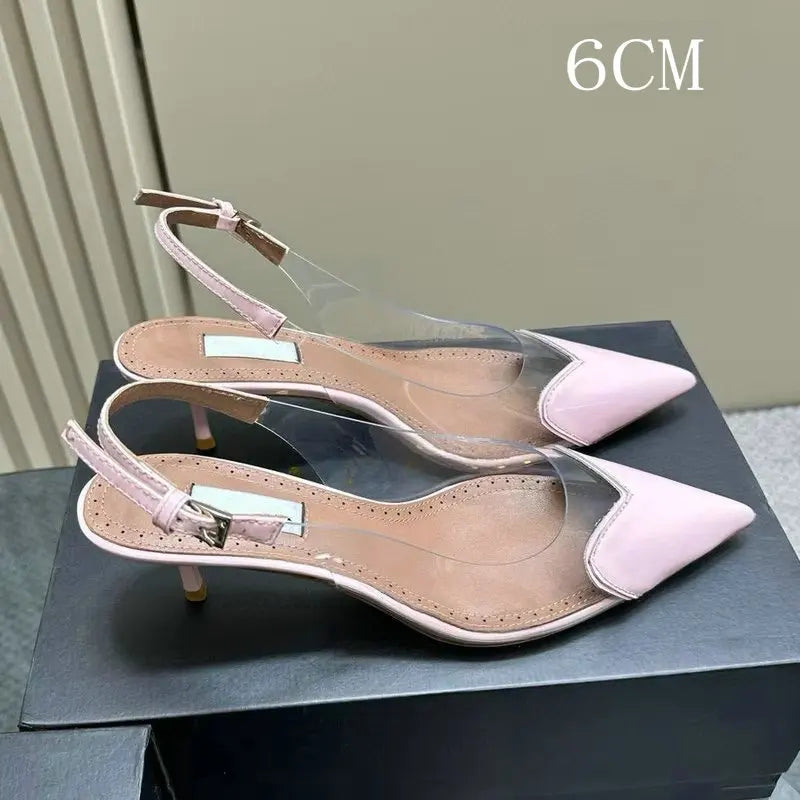 2025 European Summer New Women'S Sandals Pointy Thin Heels High Heels Back Empty Head Transparent Film Fashion Women'S Pumps