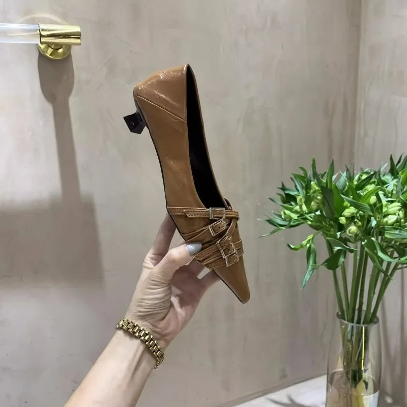 Thin Heeled Square Buckle High Heels for Women 2025 New French Style Shallow Mouth Low Heel Small Leather Shoes